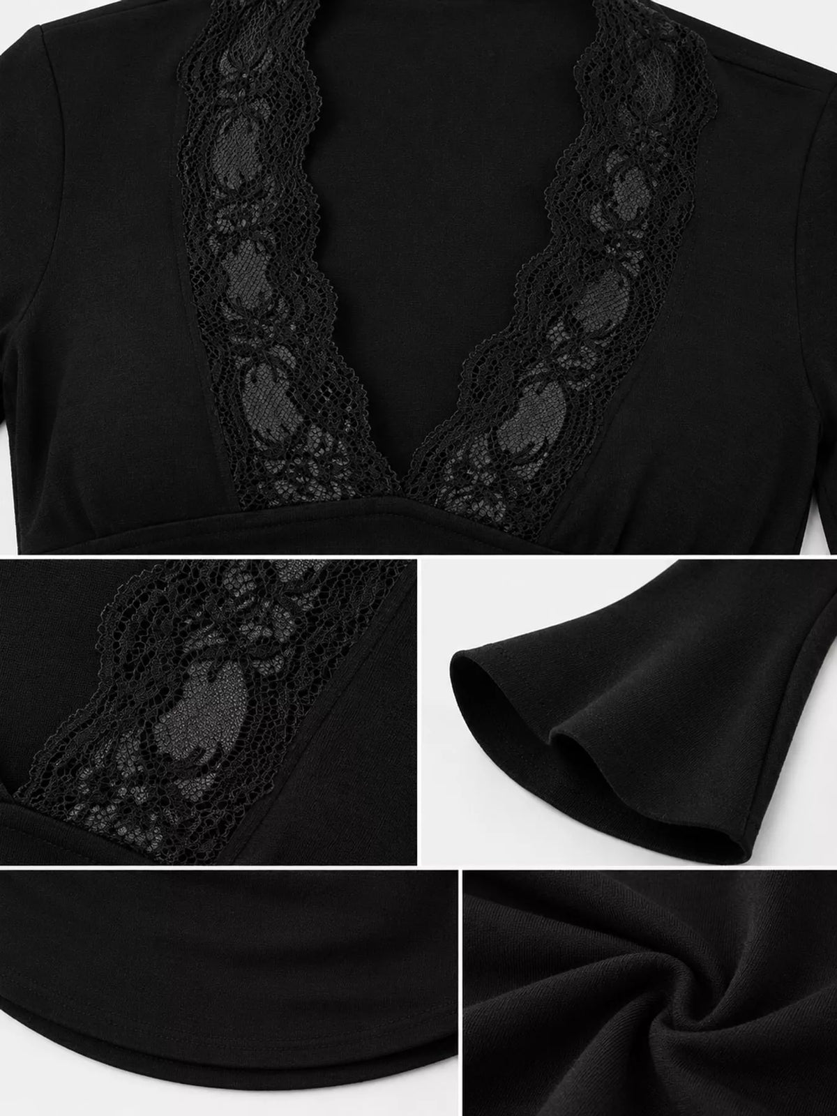 Black lace trim v-neck long sleeve slim fit t-shirt