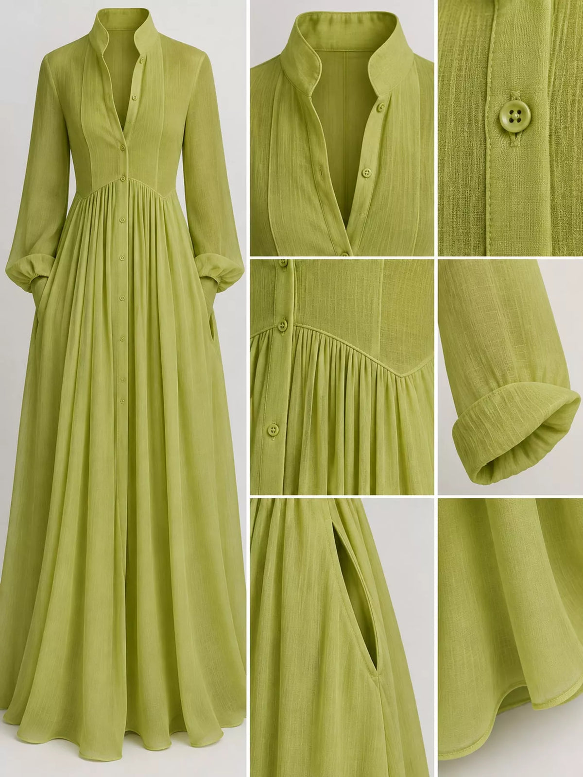 Lime green long sleeve button-front maxi dress, collar waist cuff and hem details