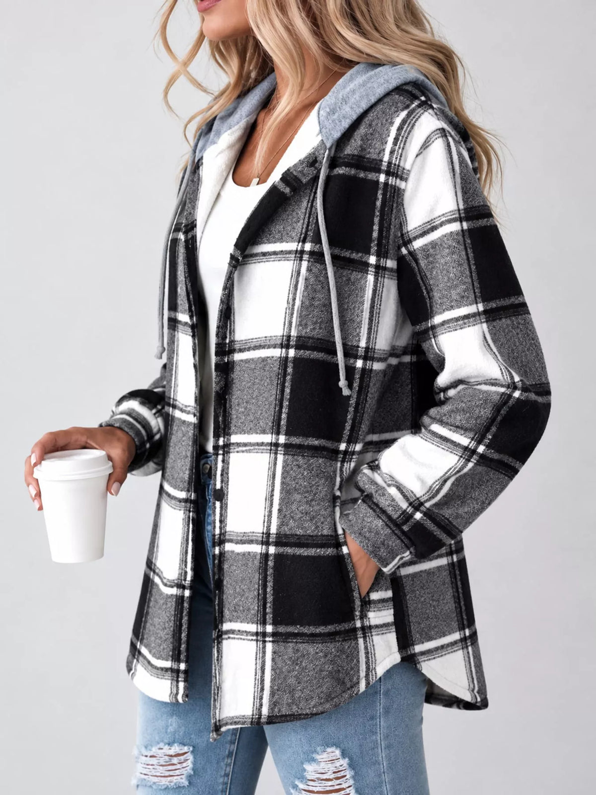 Button-Down Printed Contrast Hooded Shacket — side view