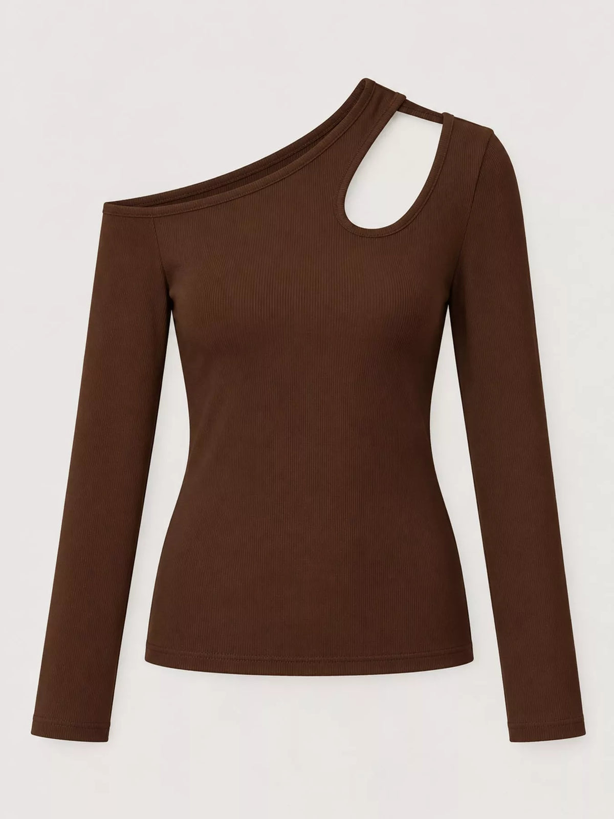 One-shoulder top, brown flat lay