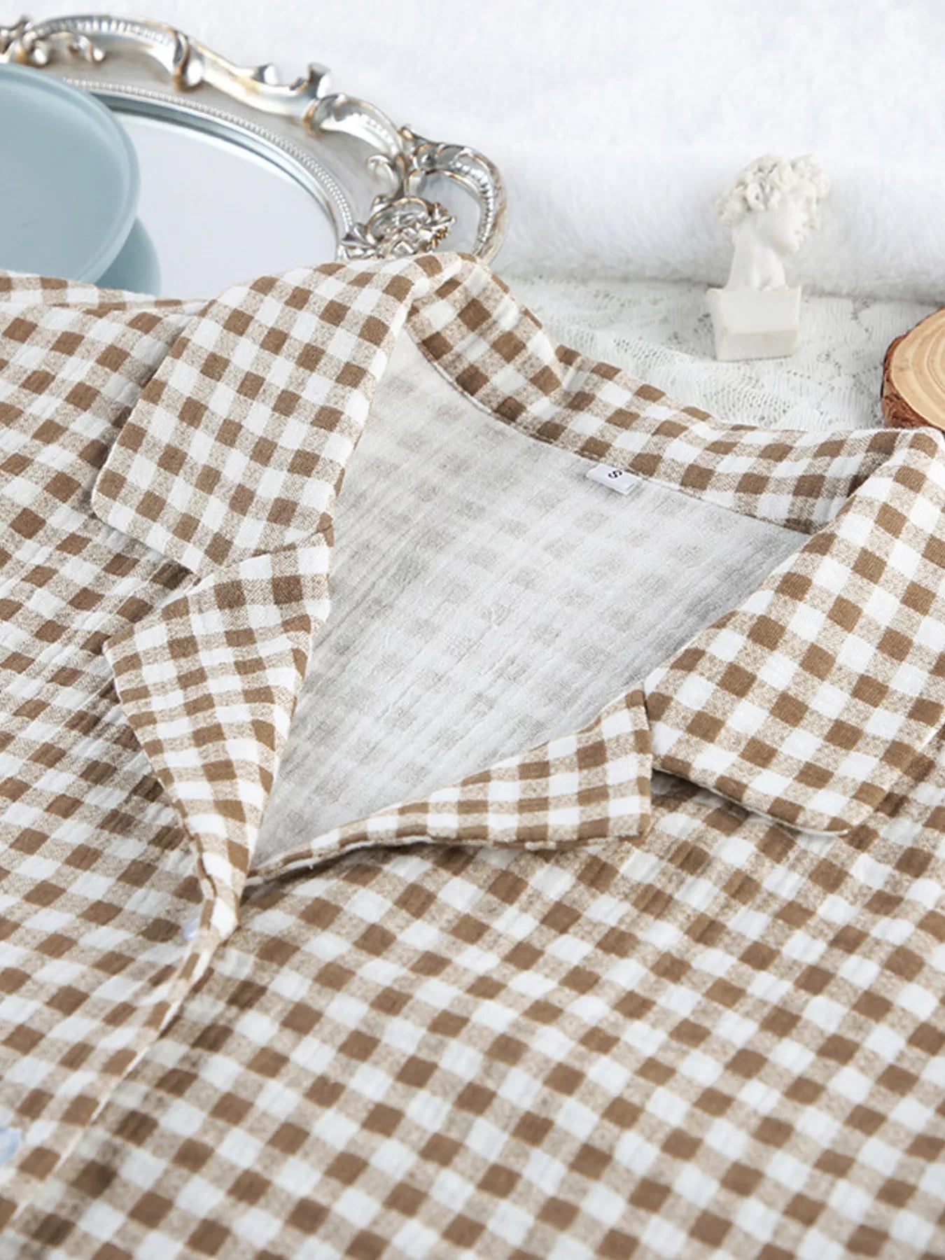 Trendsi Gingham Ruffle-Trim Top and Pants Lounge Set -