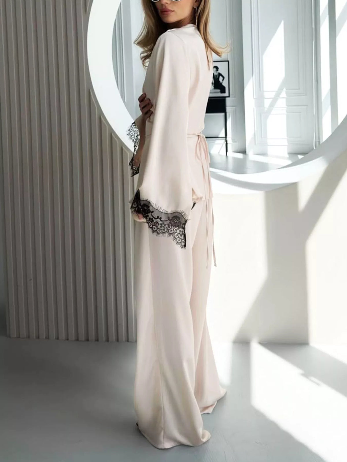 Trendsi Lace Trim Wrap Top and Pants Set -