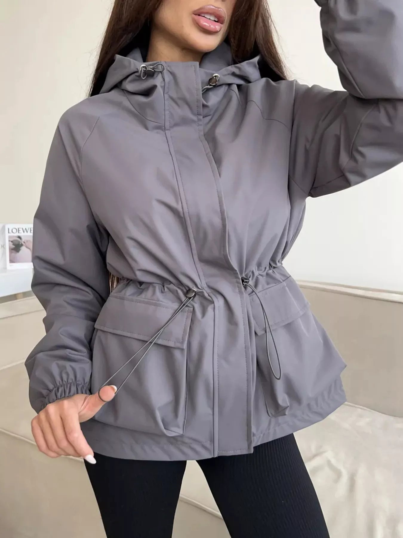 Trendsi Drawstring Waist Hooded Windbreaker Outerwear -