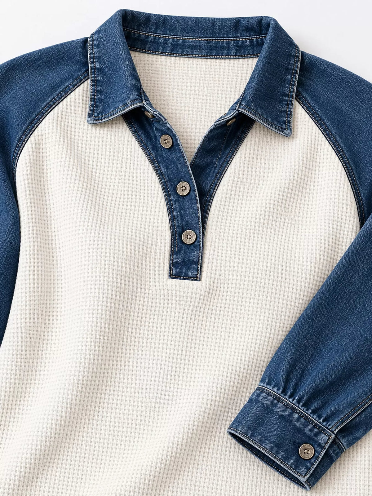 Waffle and denim blouse, collar and cuff detail