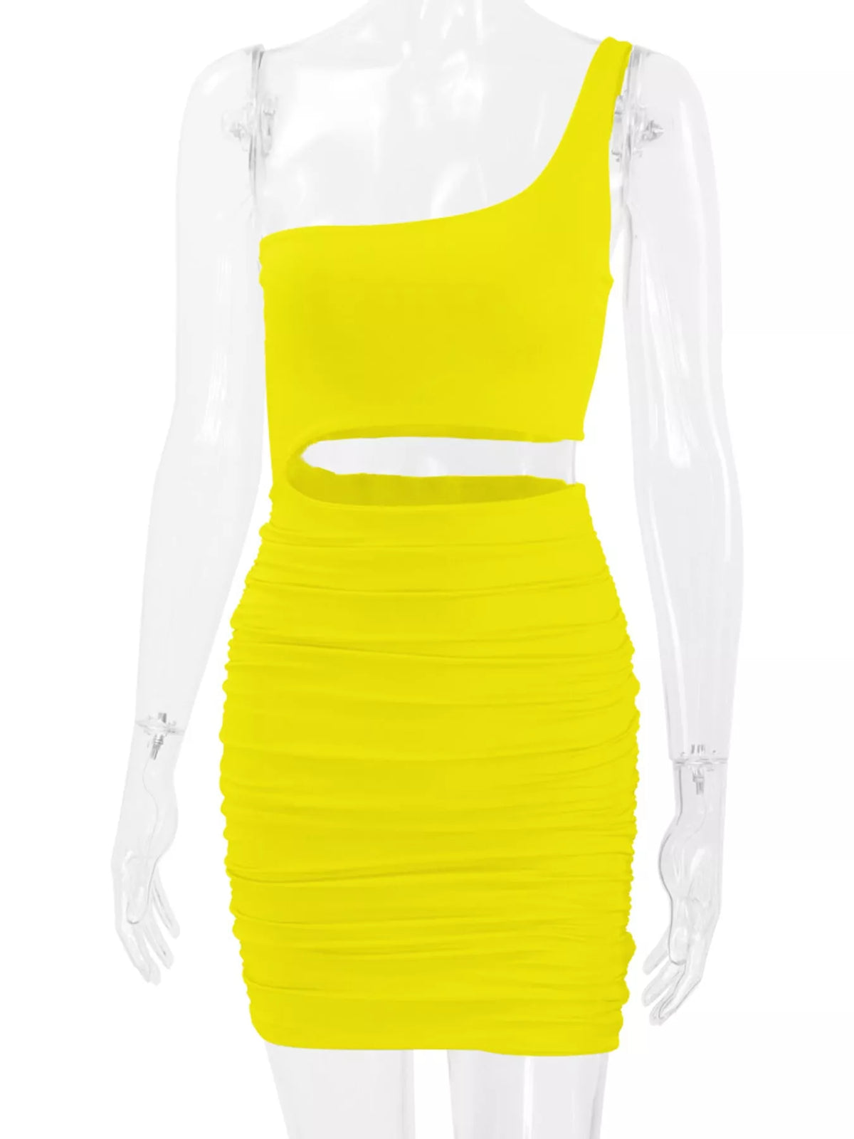 One-shoulder cutout dress, bright yellow mannequin front