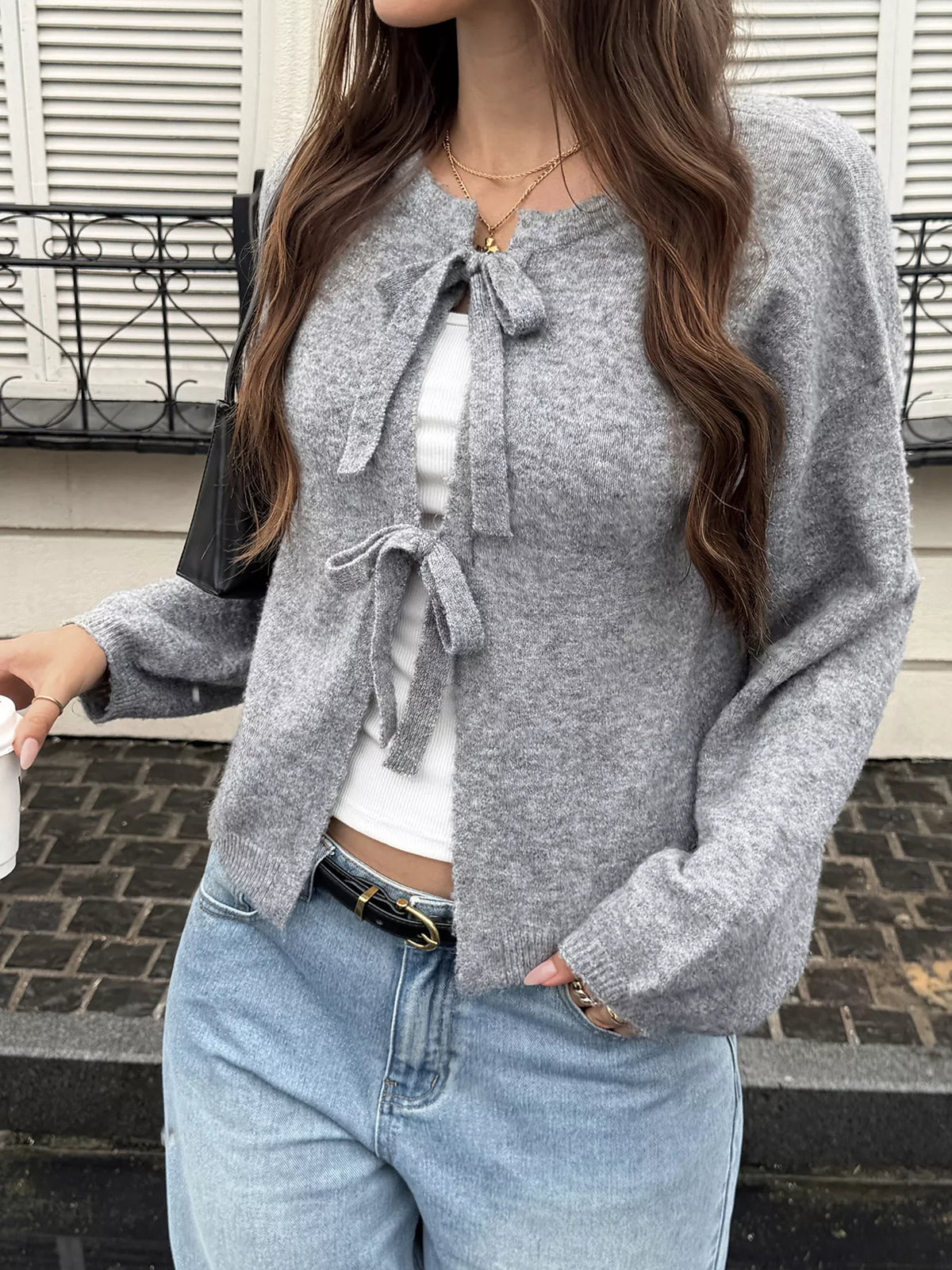 Tie front dropped shoulder cardigan