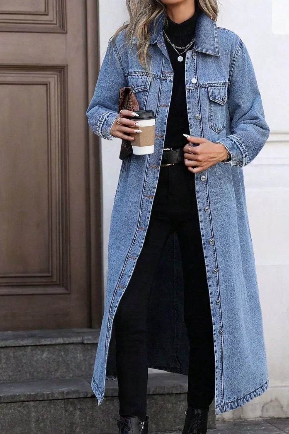Trendsi Longline Button-Front Denim Jacket -