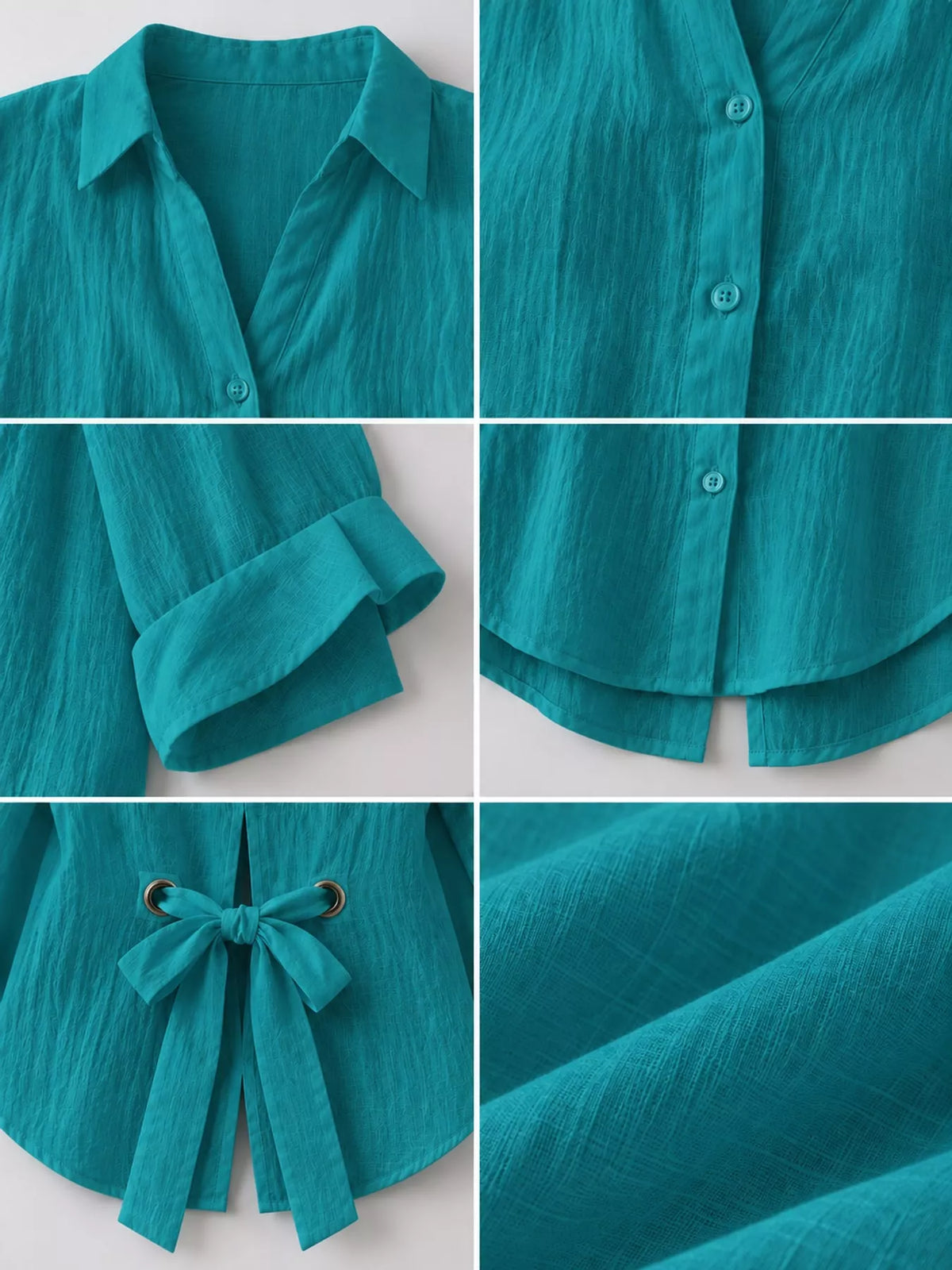 Teal loose fit tie back shirt, detail view