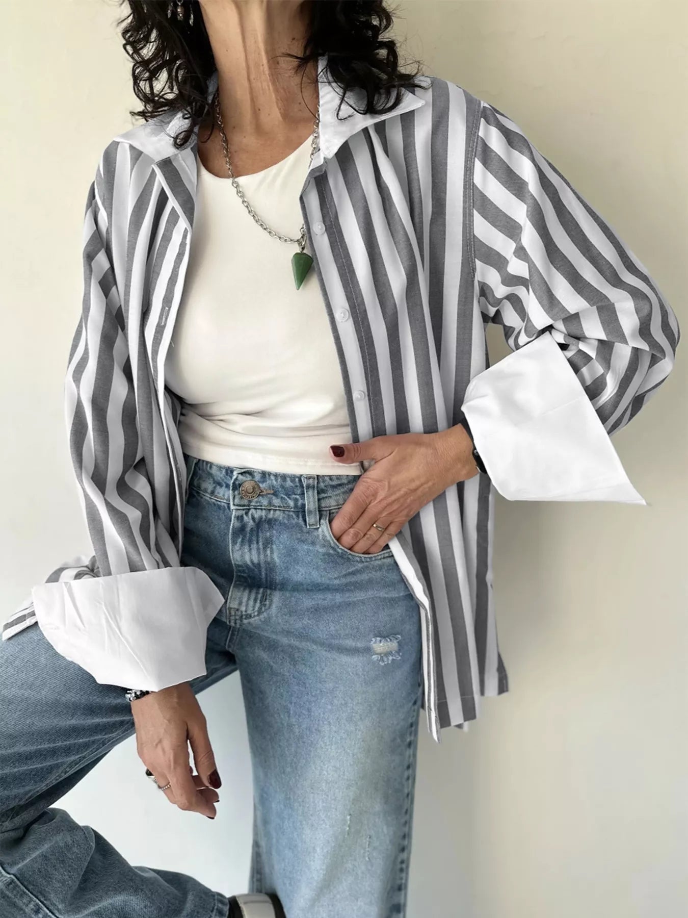 Trendsi Striped Button-Up Long Sleeve Shirt -