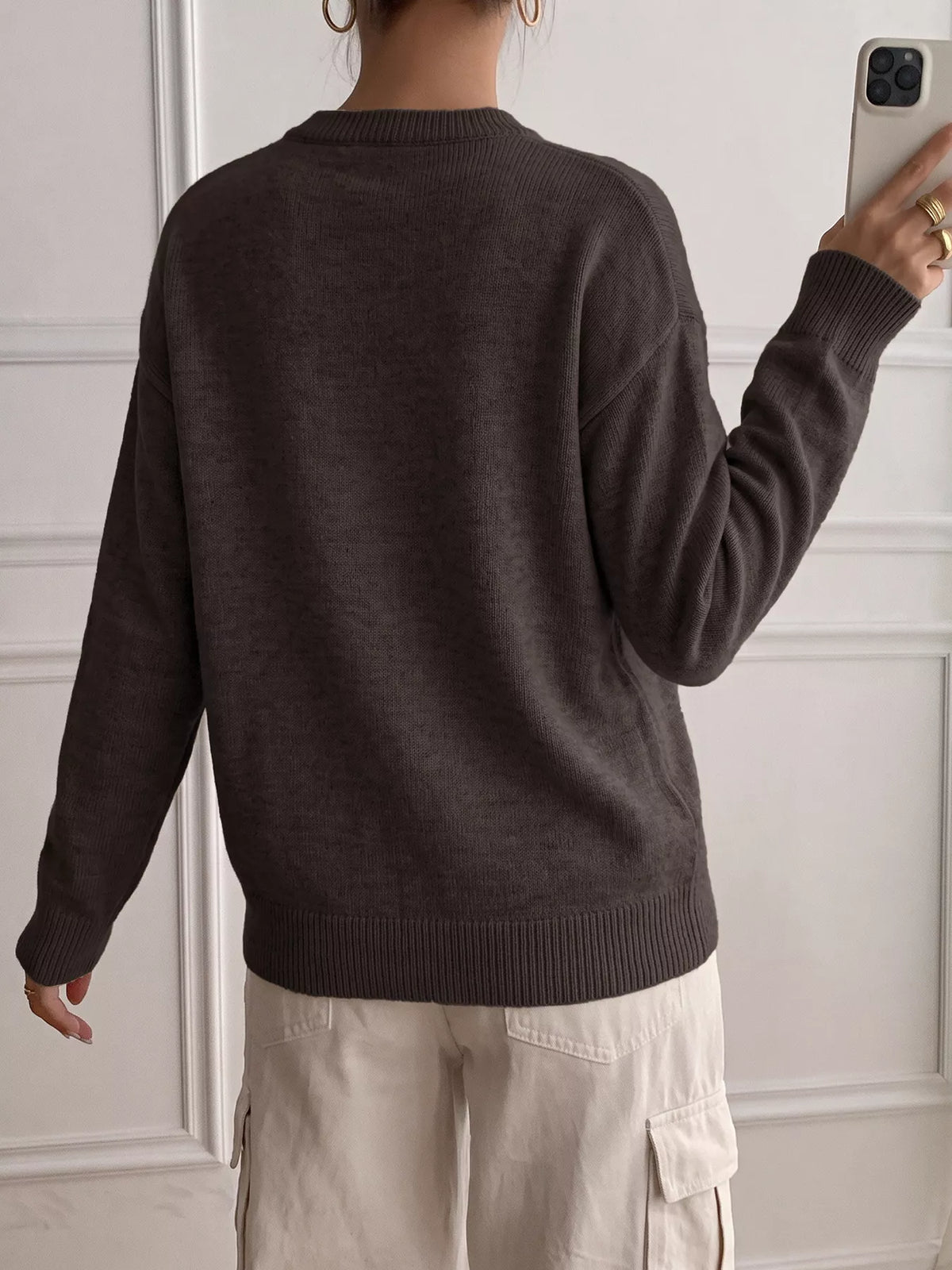 Trendsi Decor Button-Placket Ribbed Knit Sweater -