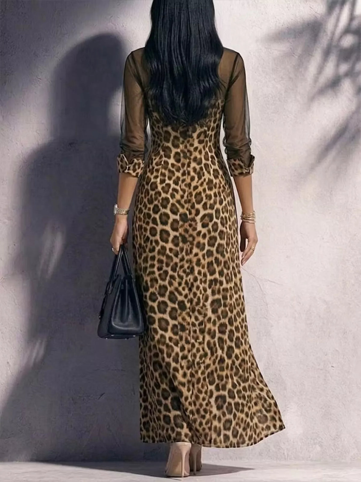 Women's Leopard Sheer Mesh Long Sleeve Button-Down Maxi Dress in Khaki, alternate view