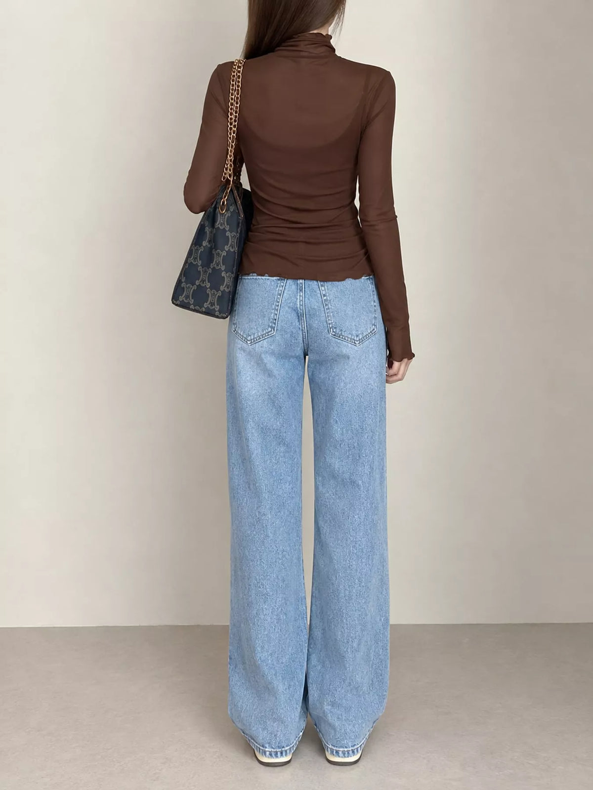 Brown sheer turtleneck mesh t-shirt, back view