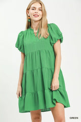 Trendsi Umgee Puff Sleeve Tiered Babydoll Dress -