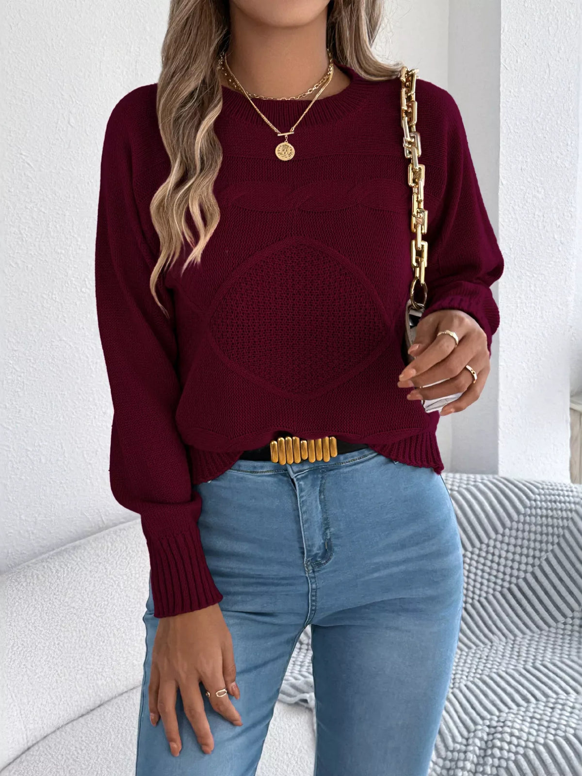 Wine Red cable knit crew neck sweater