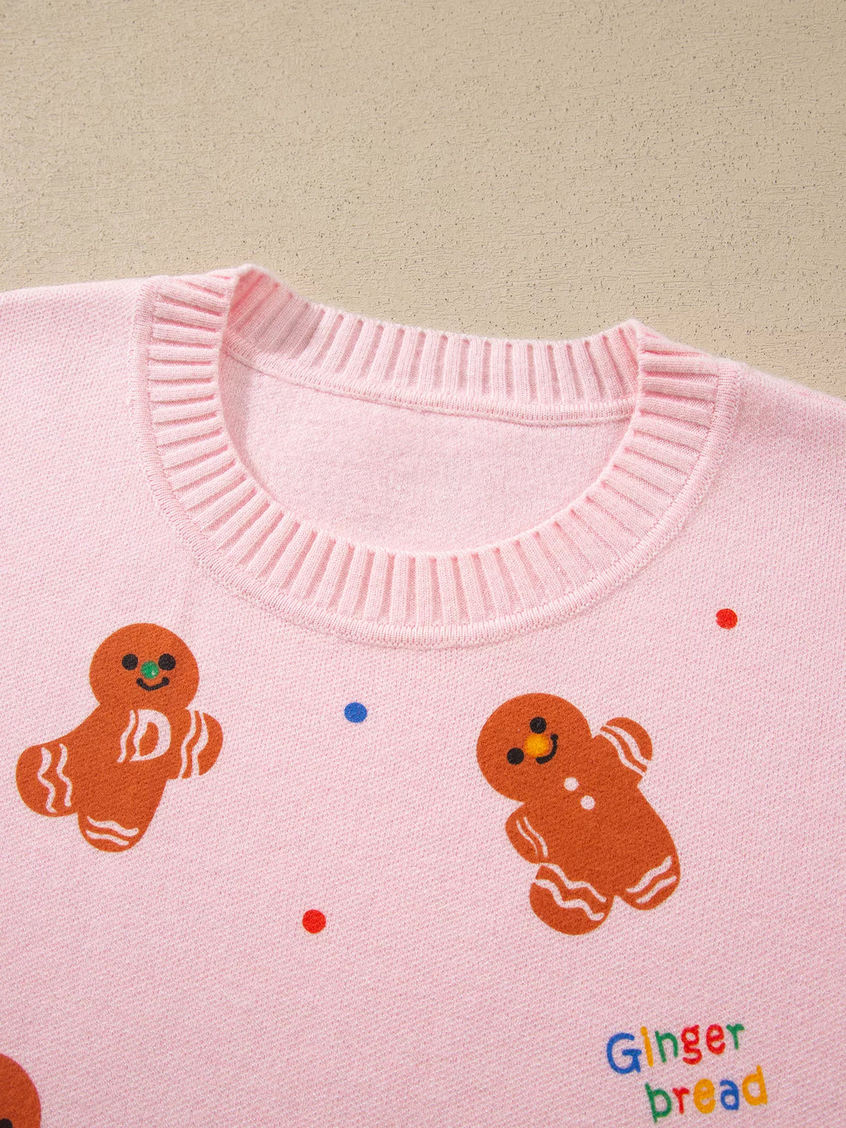 Gingerbread Pattern Long Sleeve Round Neck Sweater in pink, neckline detail