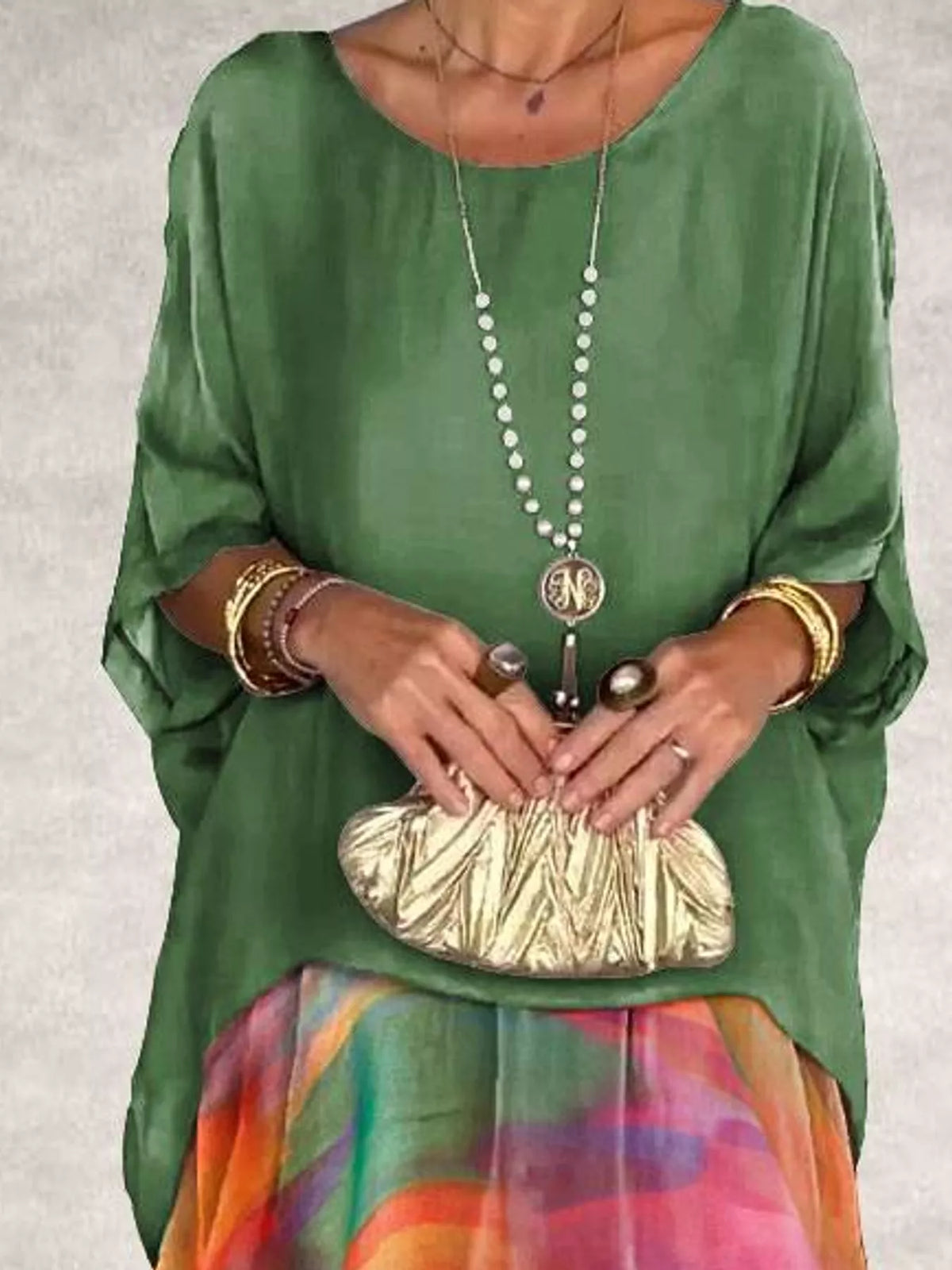Layered maxi dress, green multicolor neckline