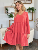 Trendsi Double Take Full Size V-Neck Balloon Sleeve Tiered Dress with Pockets -