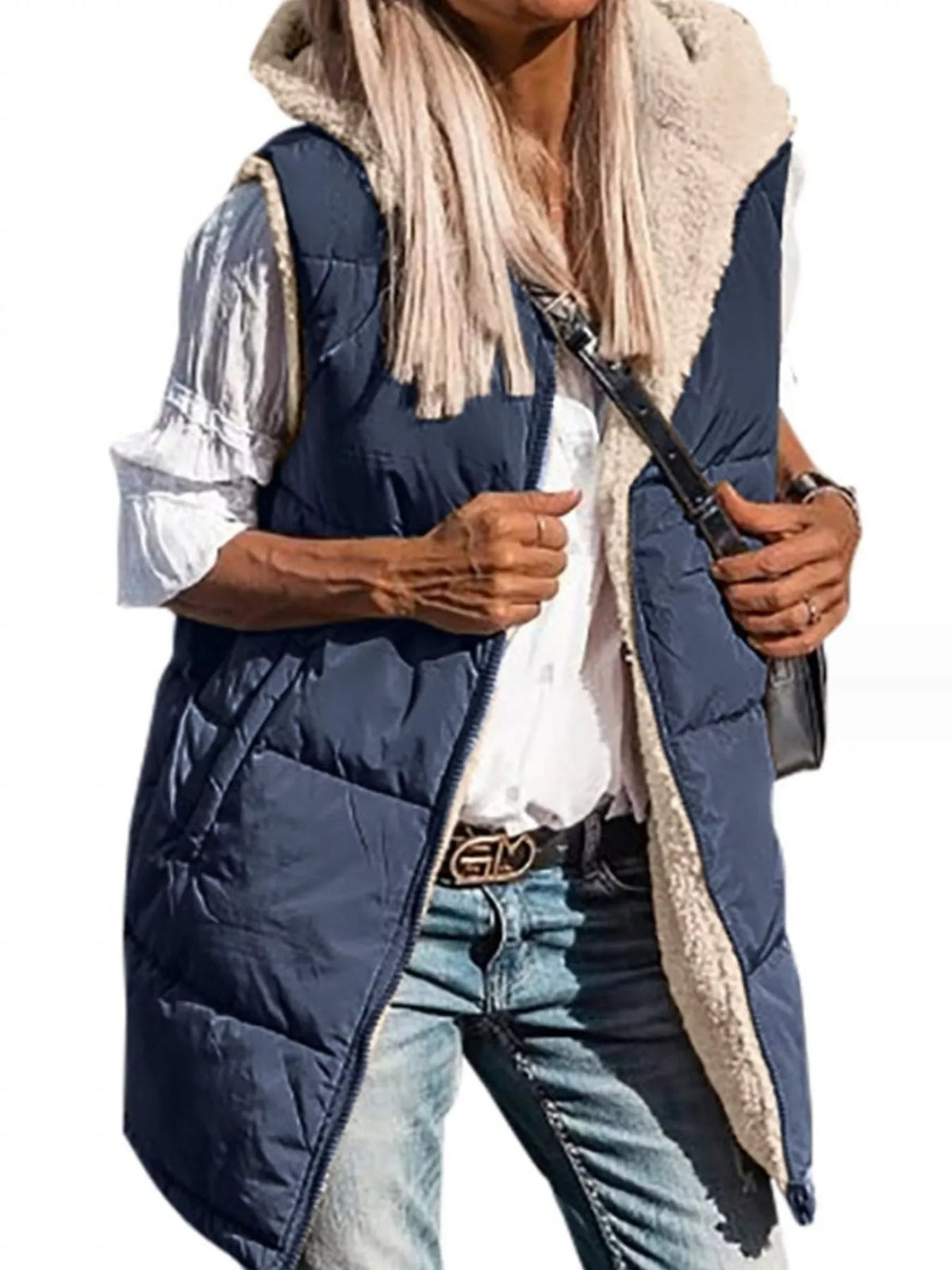 Navy hooded sherpa-lined puffer vest