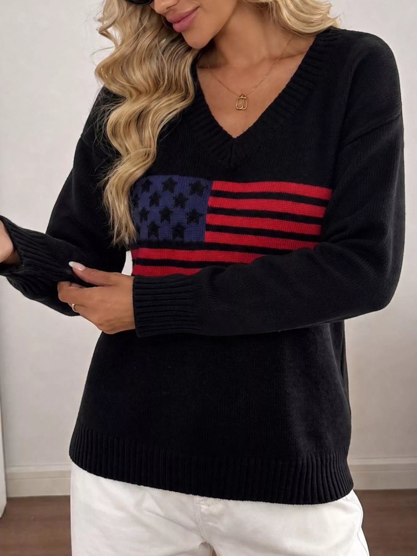Trendsi American Flag V-Neck Knit Top -