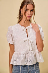 Trendsi SO ME Cotton Eyelet Front Tie Short Sleeves Blouse -