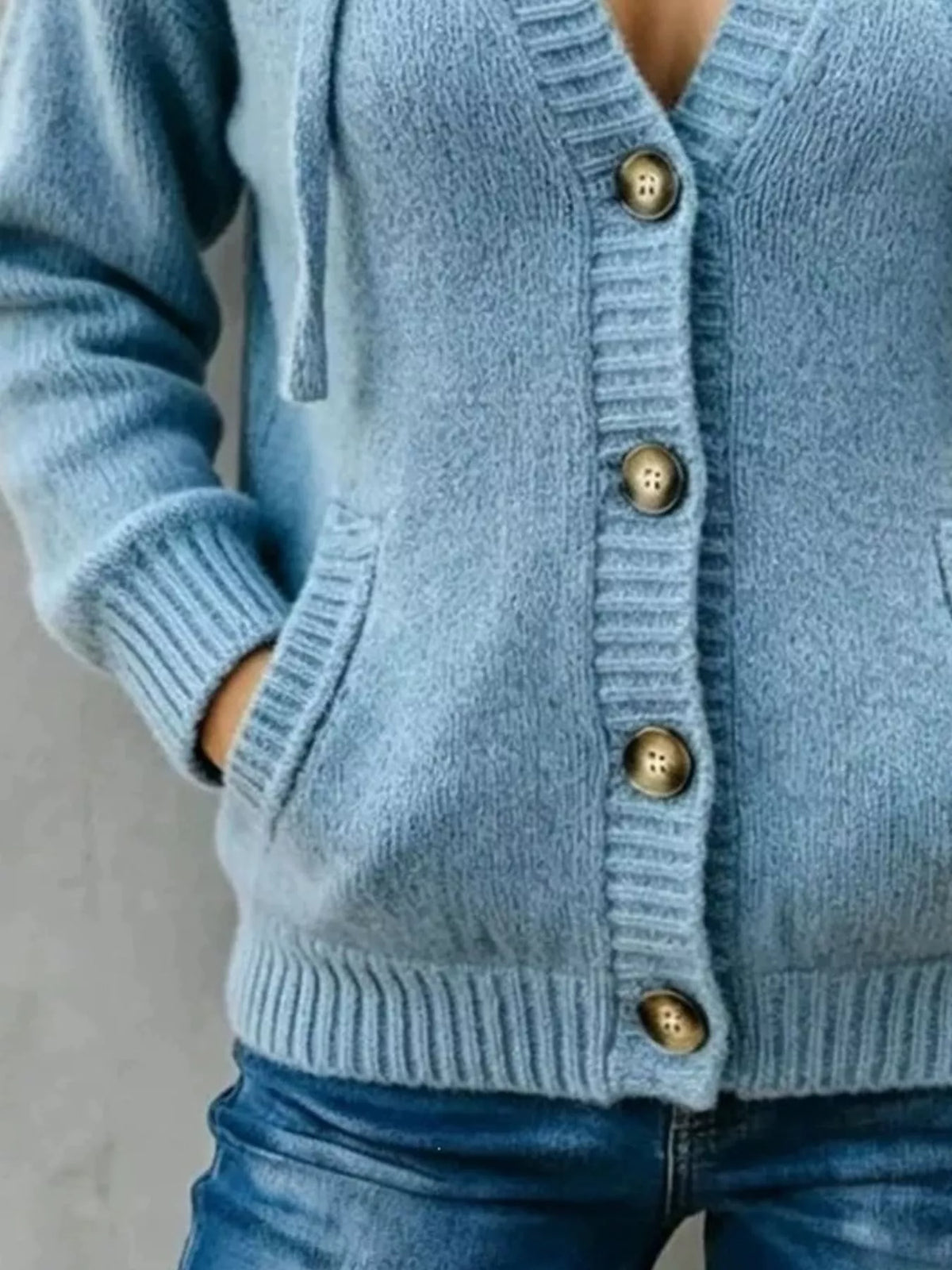 Women's Hooded Button-Down Knit Cardigan in light blue — pocket detail view