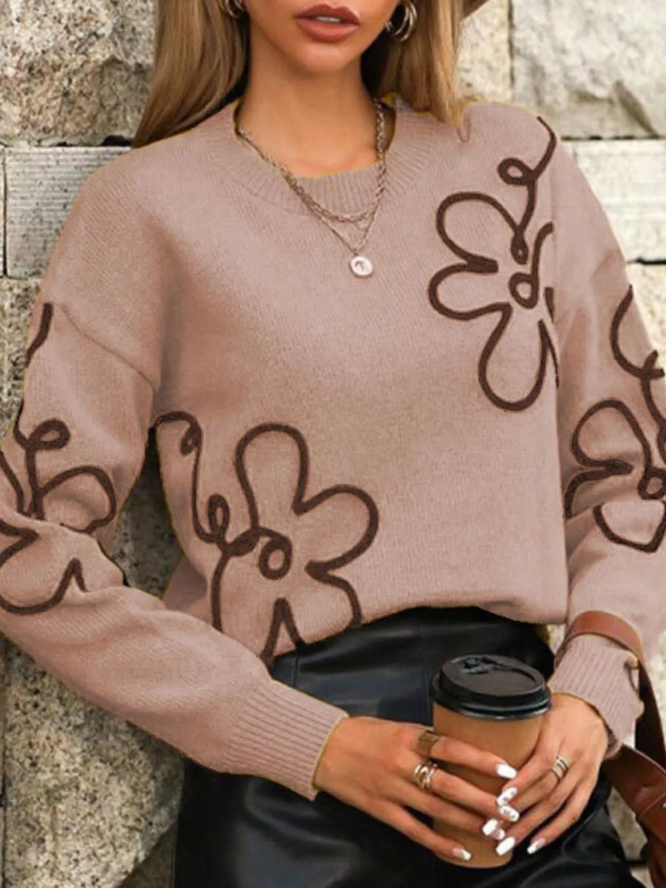 Trendsi Flower Dropped Shoulder Sweater -
