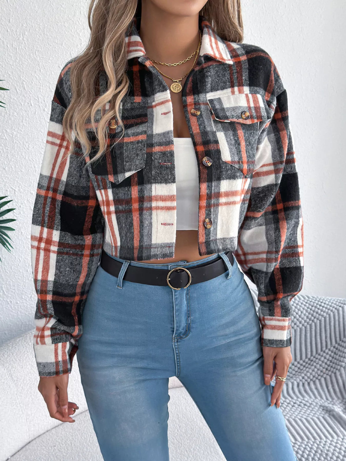 Black plaid button-up cropped jacket