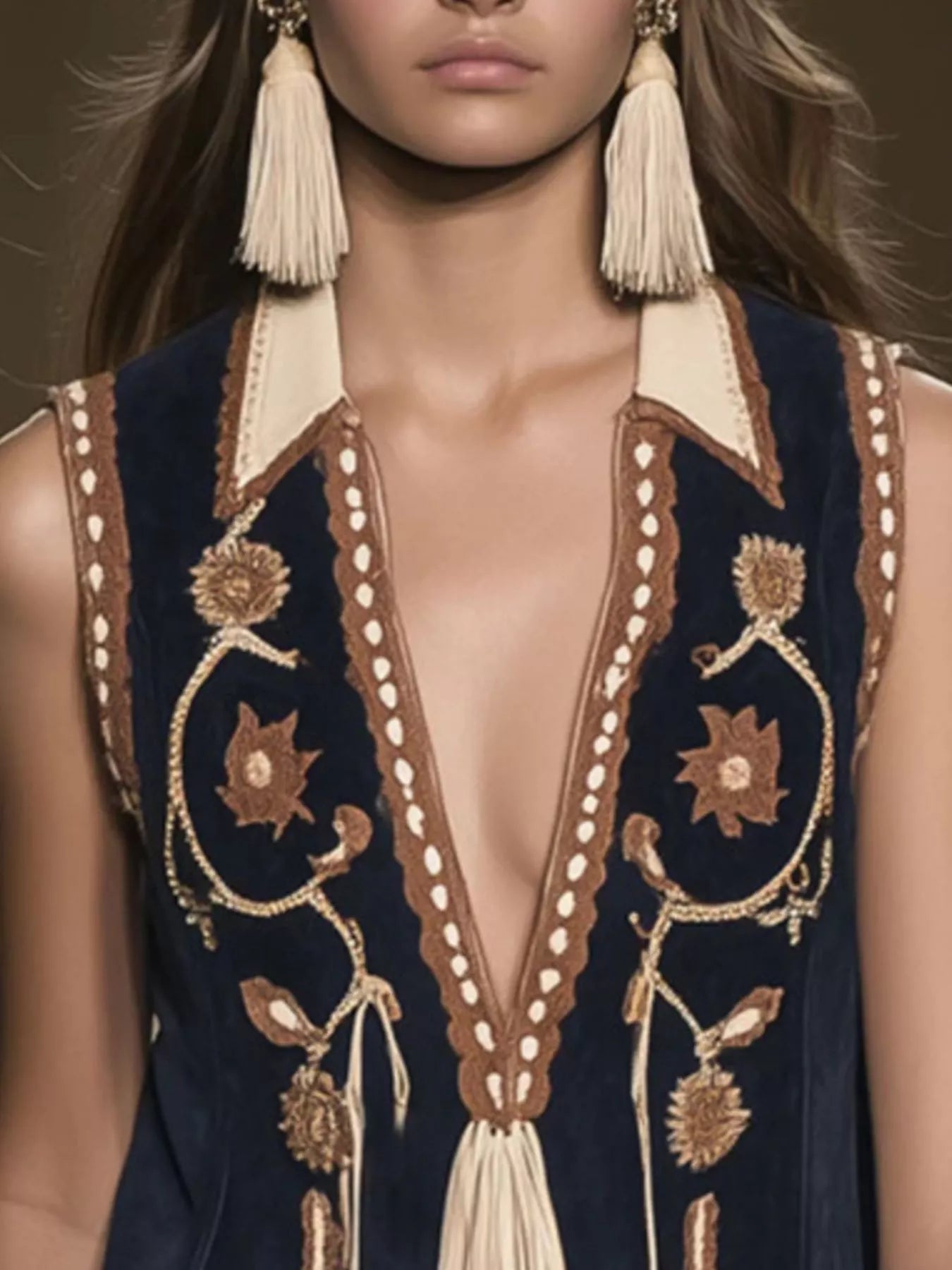 Embroidered fringe-hem sleeveless dress