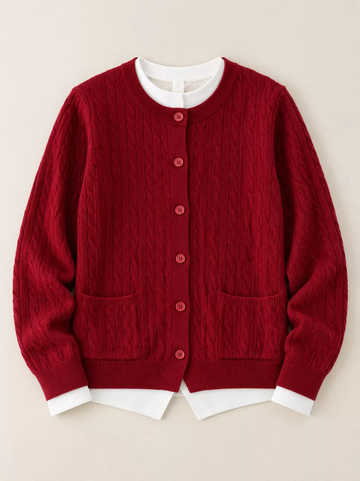 Red cable-knit button-down cardigan