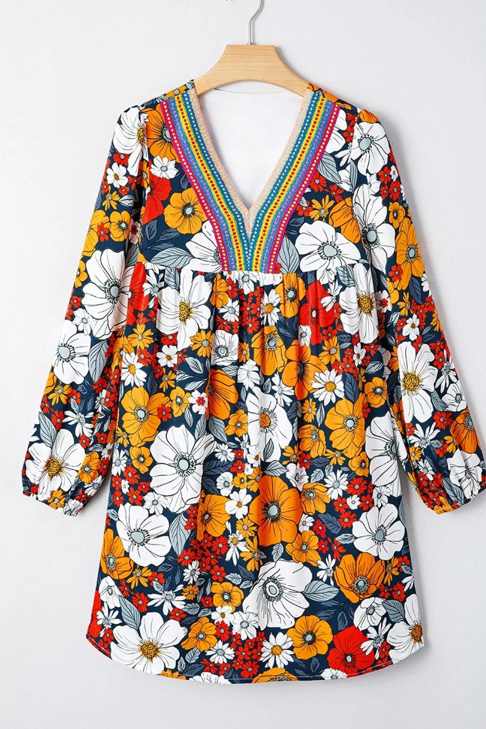 Trendsi Boho Floral Print V-Neck Mini Dress with Pockets - Dresses