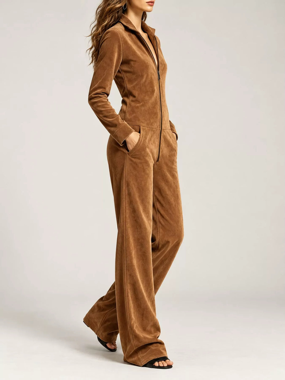 Velour Zip-Up Jumpsuit with Pockets, side view