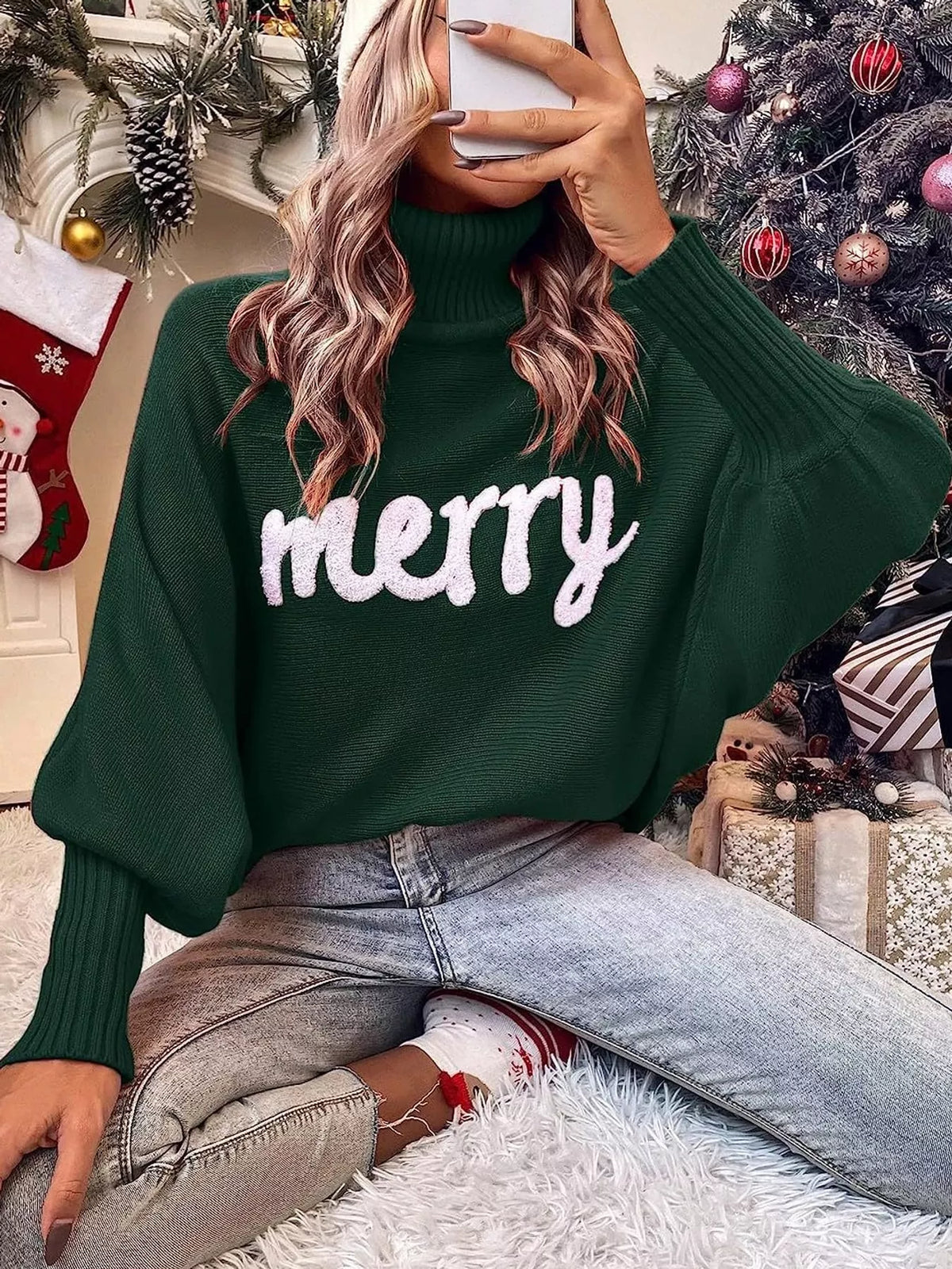 Dark Green lettering turtleneck sweater