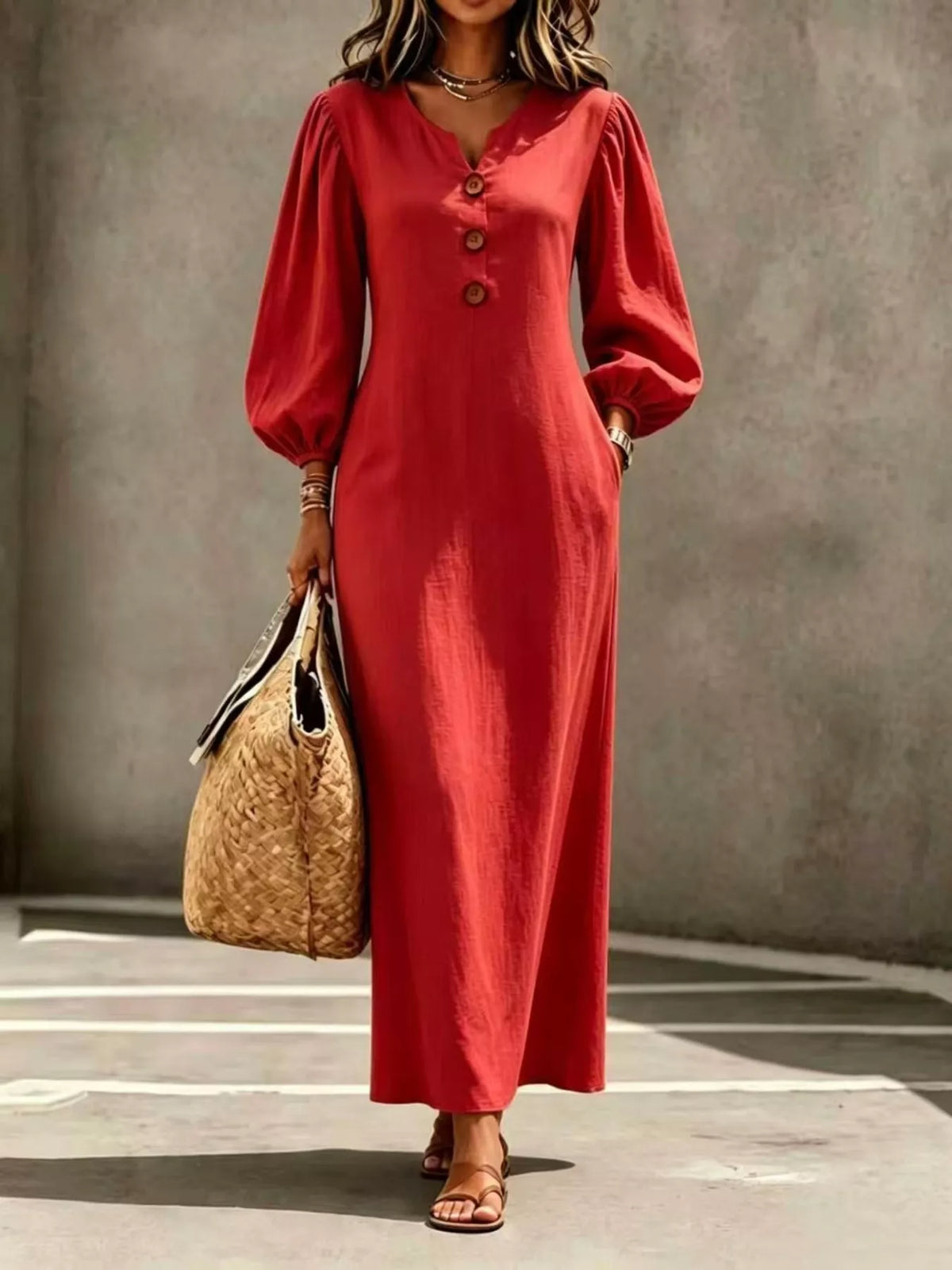 Red balloon-sleeve maxi dress, full front view