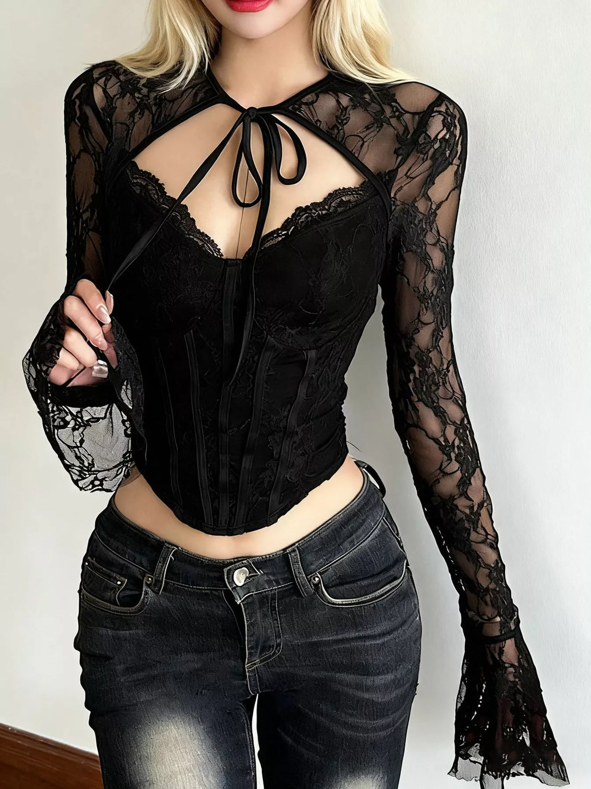 Round neck long sleeve blouse, front view on model