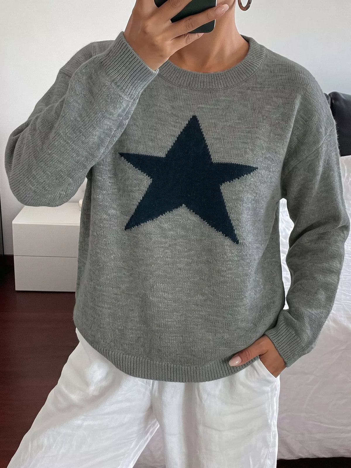 Trendsi Star-Patterned Dropped Shoulder Sweater -