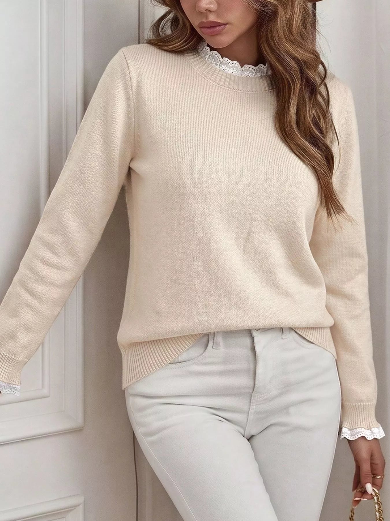 Trendsi Elegant Lace Trim Round Neck Sweater -