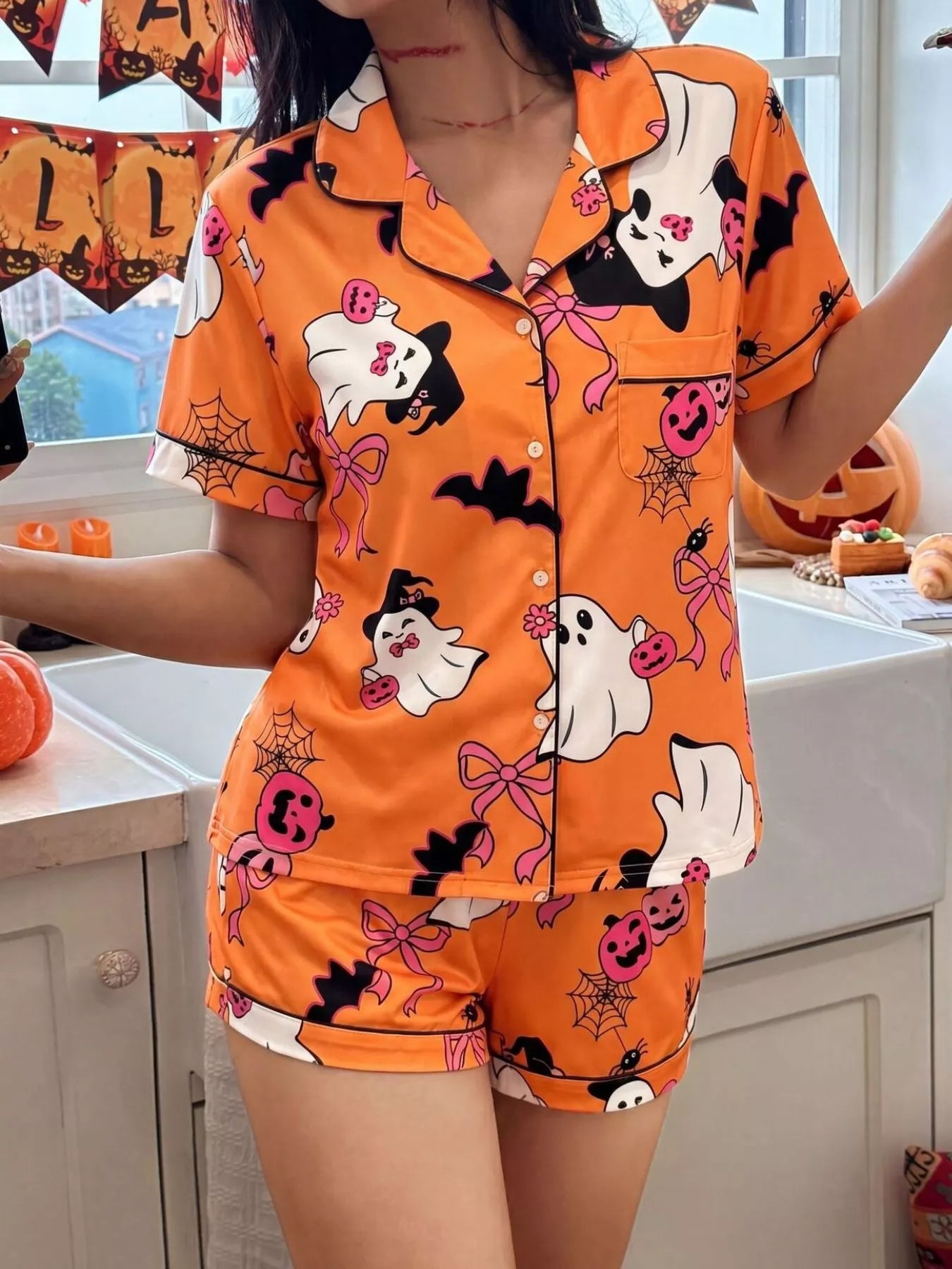 Trendsi Halloween Ghost Print Button-Down Top and Shorts Lounge Set -