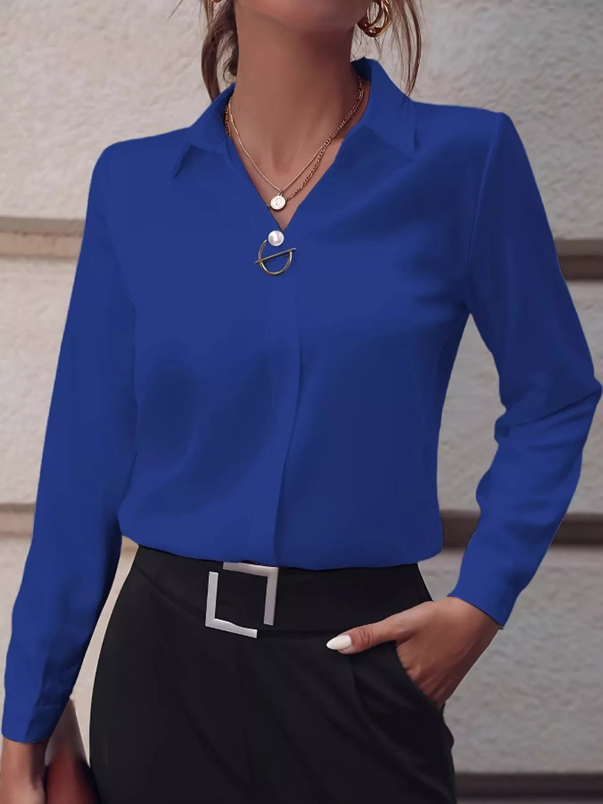 Women's Collared Clasp Detail Long Sleeve Satin Blouse in blue — front view