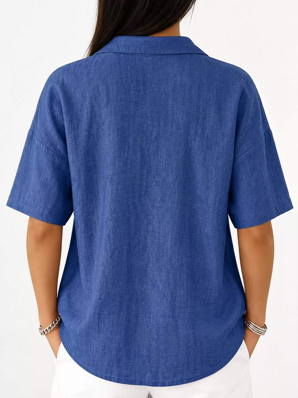 Snap Down Shirt in blue, back view