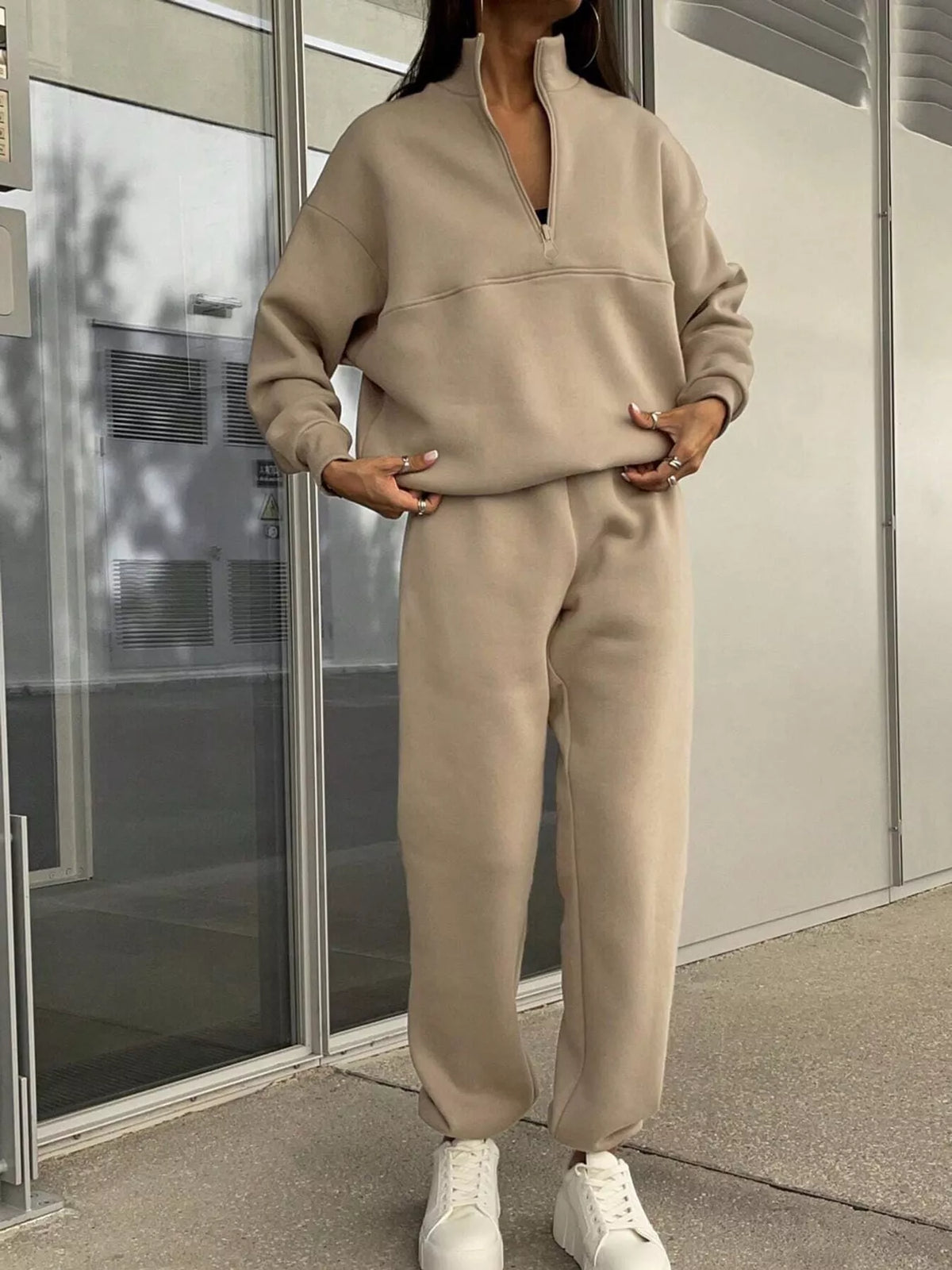 Half-zip top and pants set, beige full front