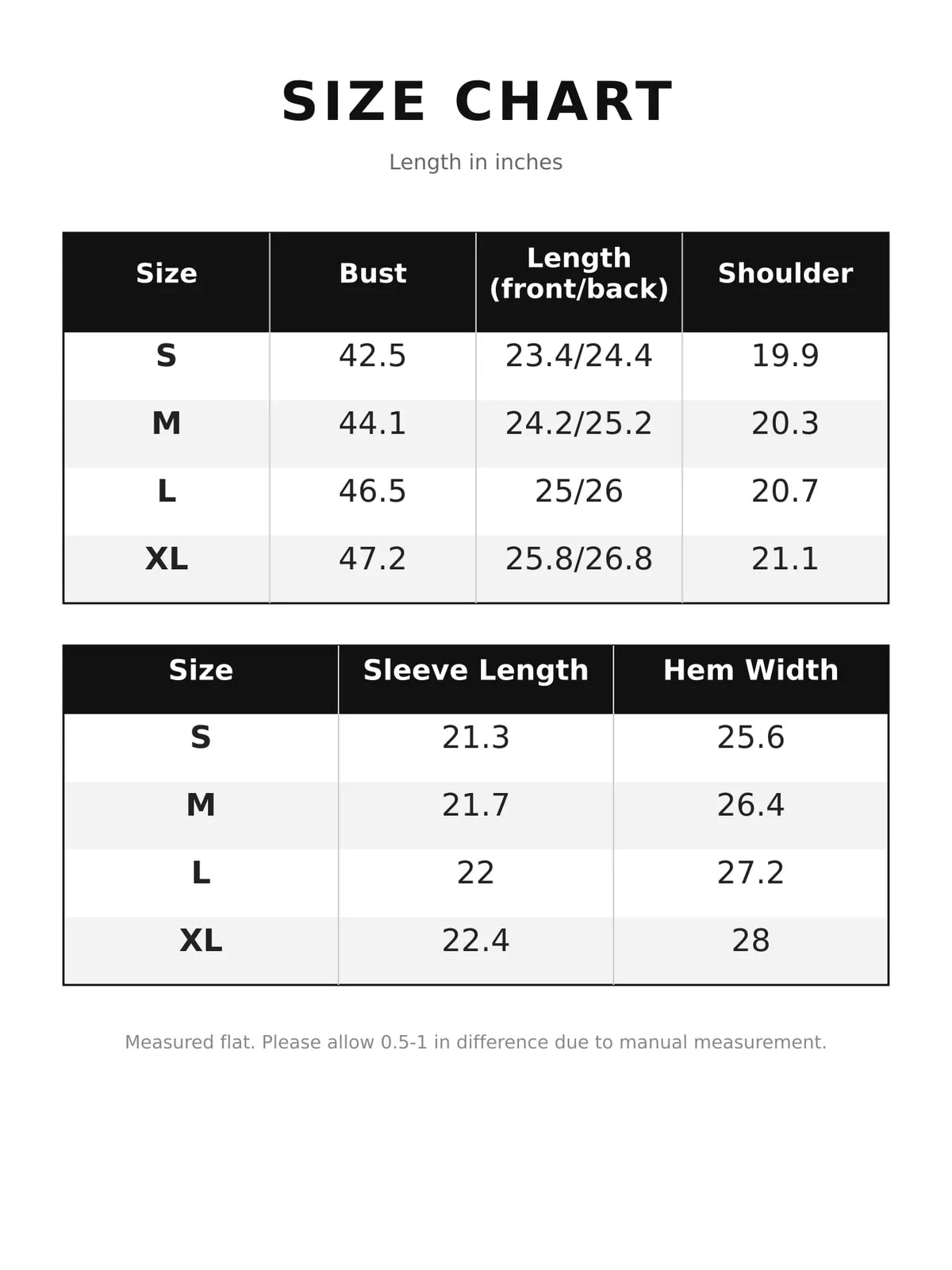 Size chart for color-block ruffled hem top
