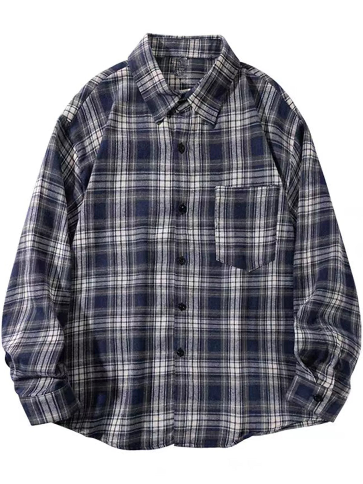 Navy and cream loose-fit plaid shirt, product view