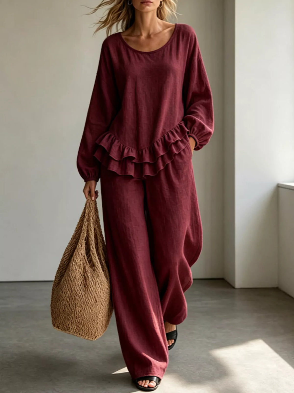 Ruffled Hem Long Sleeve Top and Pants Set — front view