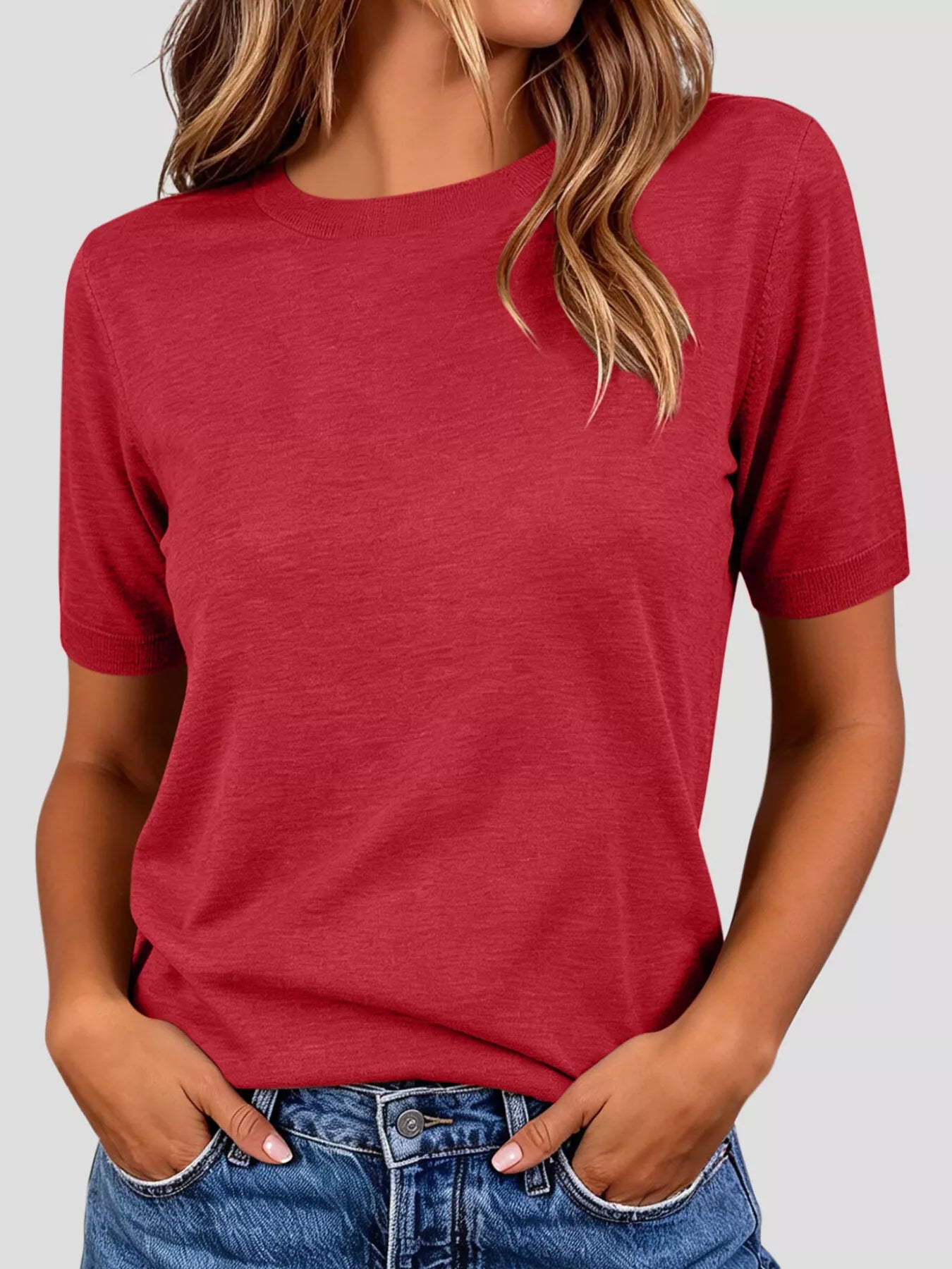 Trendsi Classic Crew Neck Short Sleeve Knit Top -