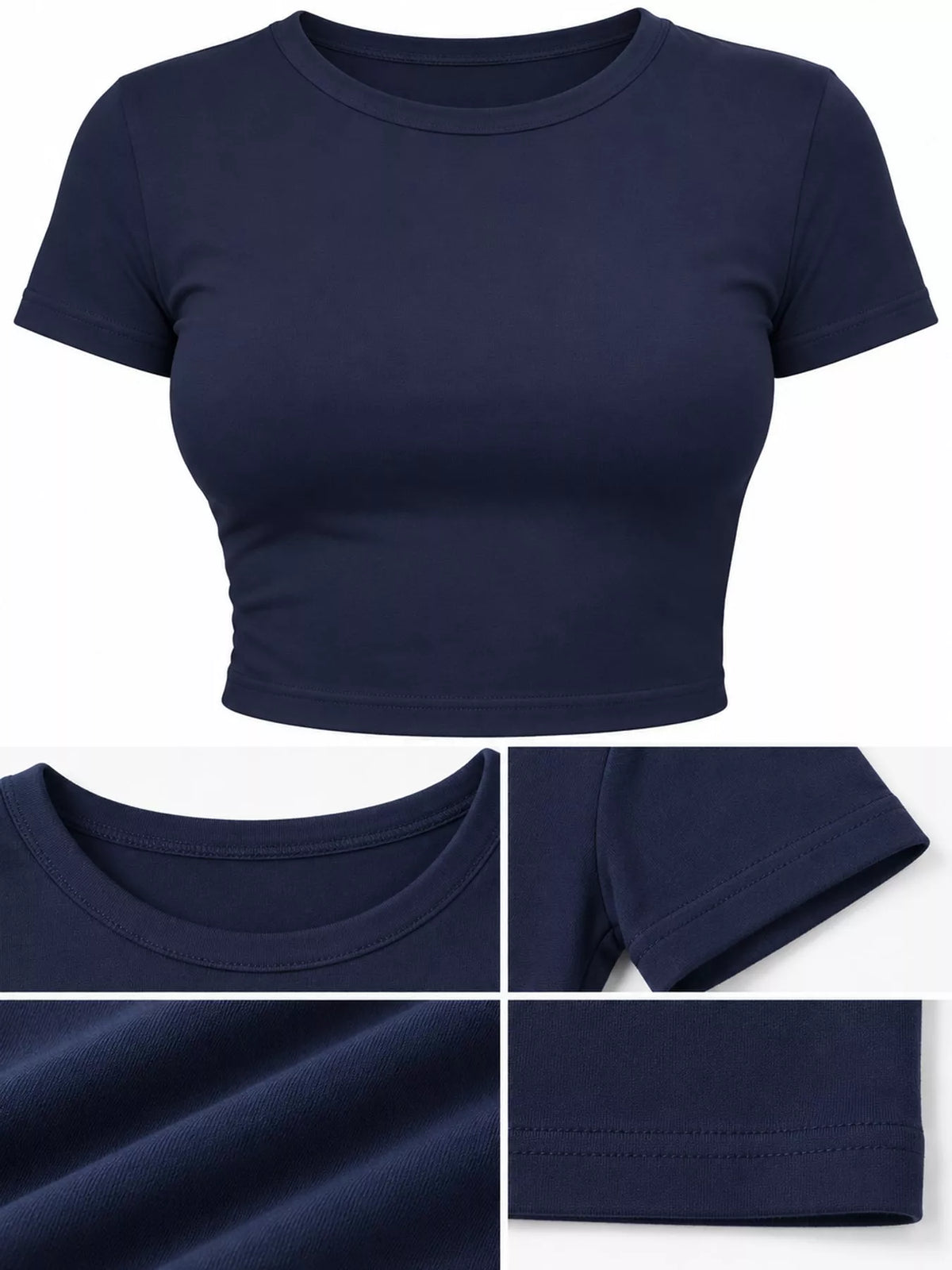 Navy crew neck crop T-shirt, fabric and neckline detail collage
