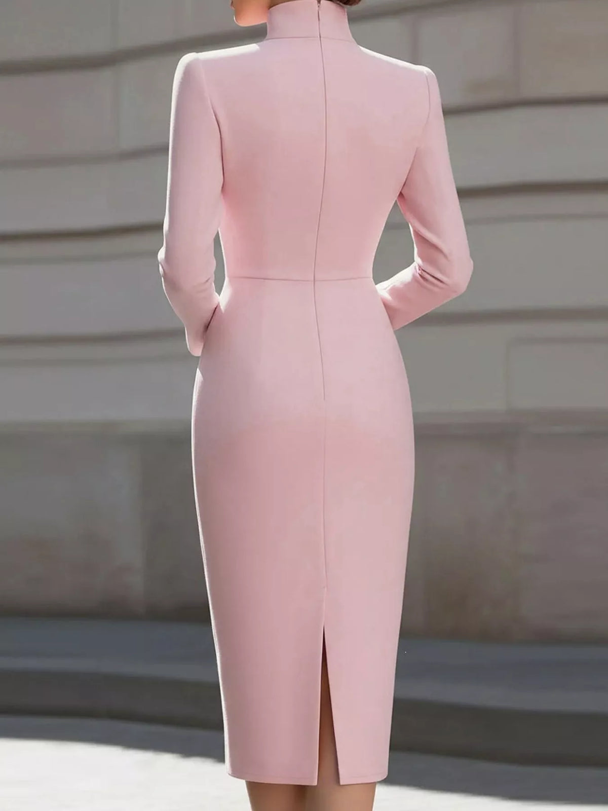 Women's Stand-Collar Long-Sleeve Midi Dress in pink — back view