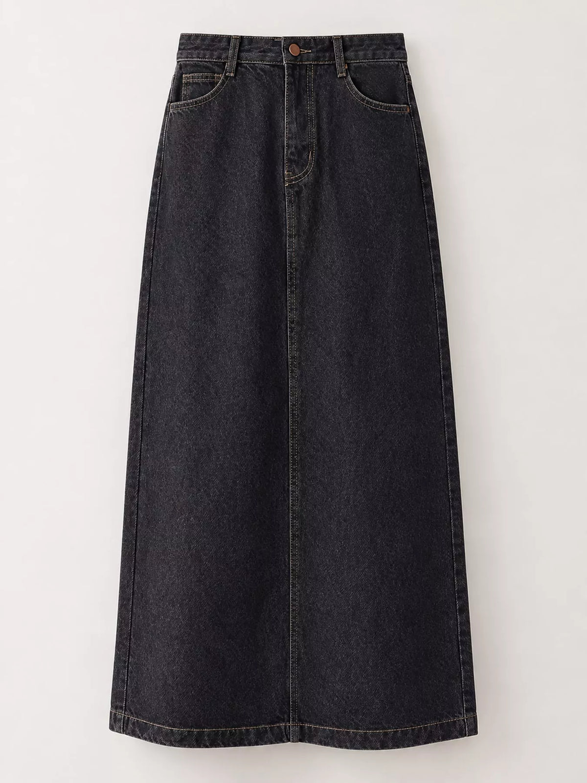 High-waisted denim midi skirt — black flat lay
