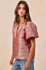 Trendsi BiBi Jacquard Woven Short Balloon Sleeves V Neck Top -