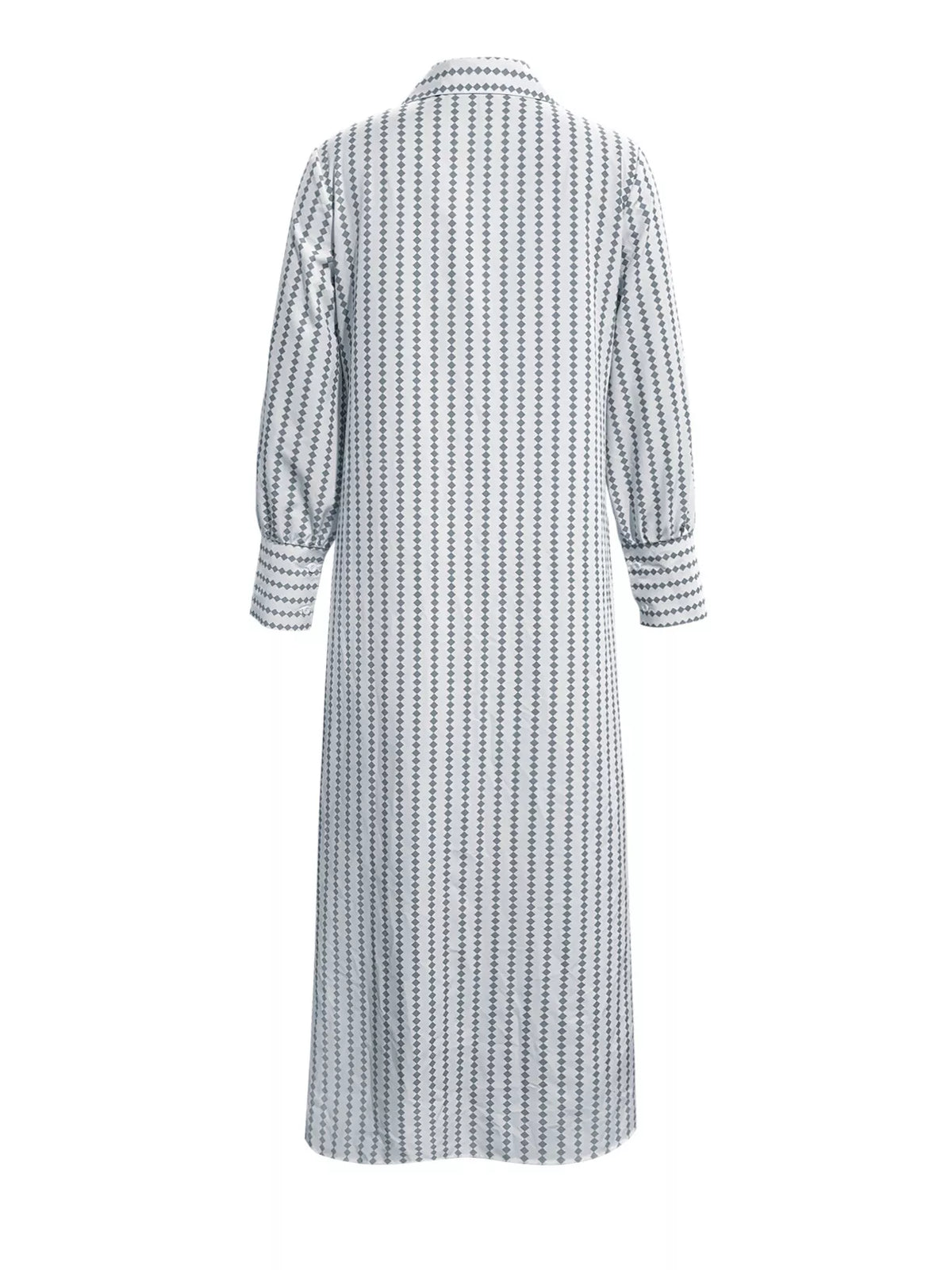 White and gray striped maxi shirt dress, back, garment only