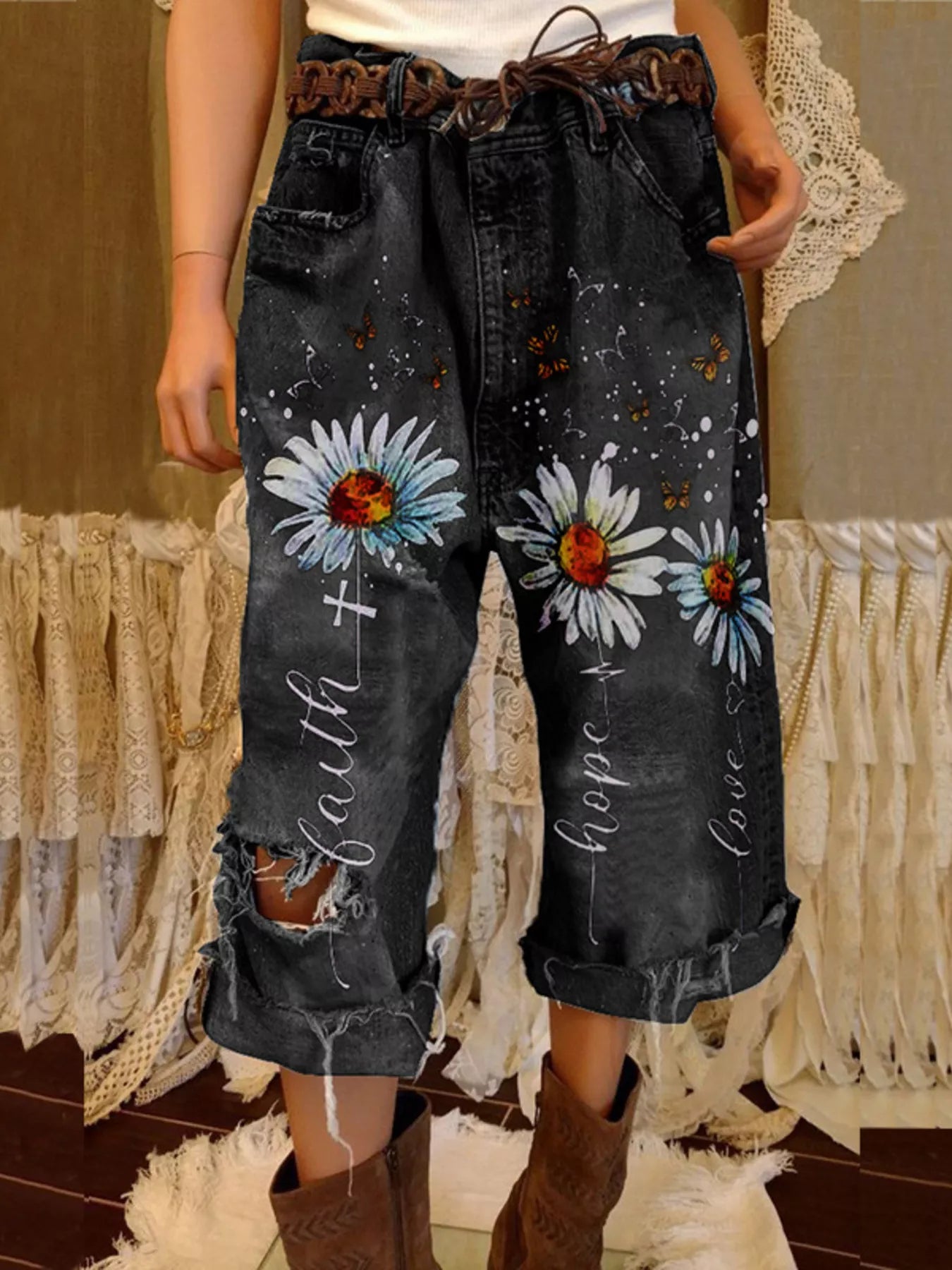 Trendsi Full Size Floral Distressed Cropped Jeans Plus Size -